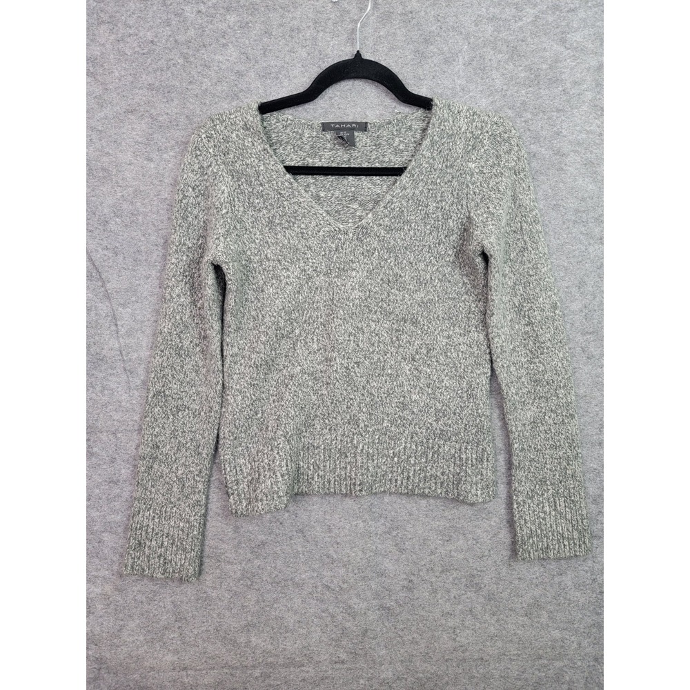 TAHARI Pullover Sweater Women's XS Gray V-Neck Long Sleeve Stretch Acrylic Blend